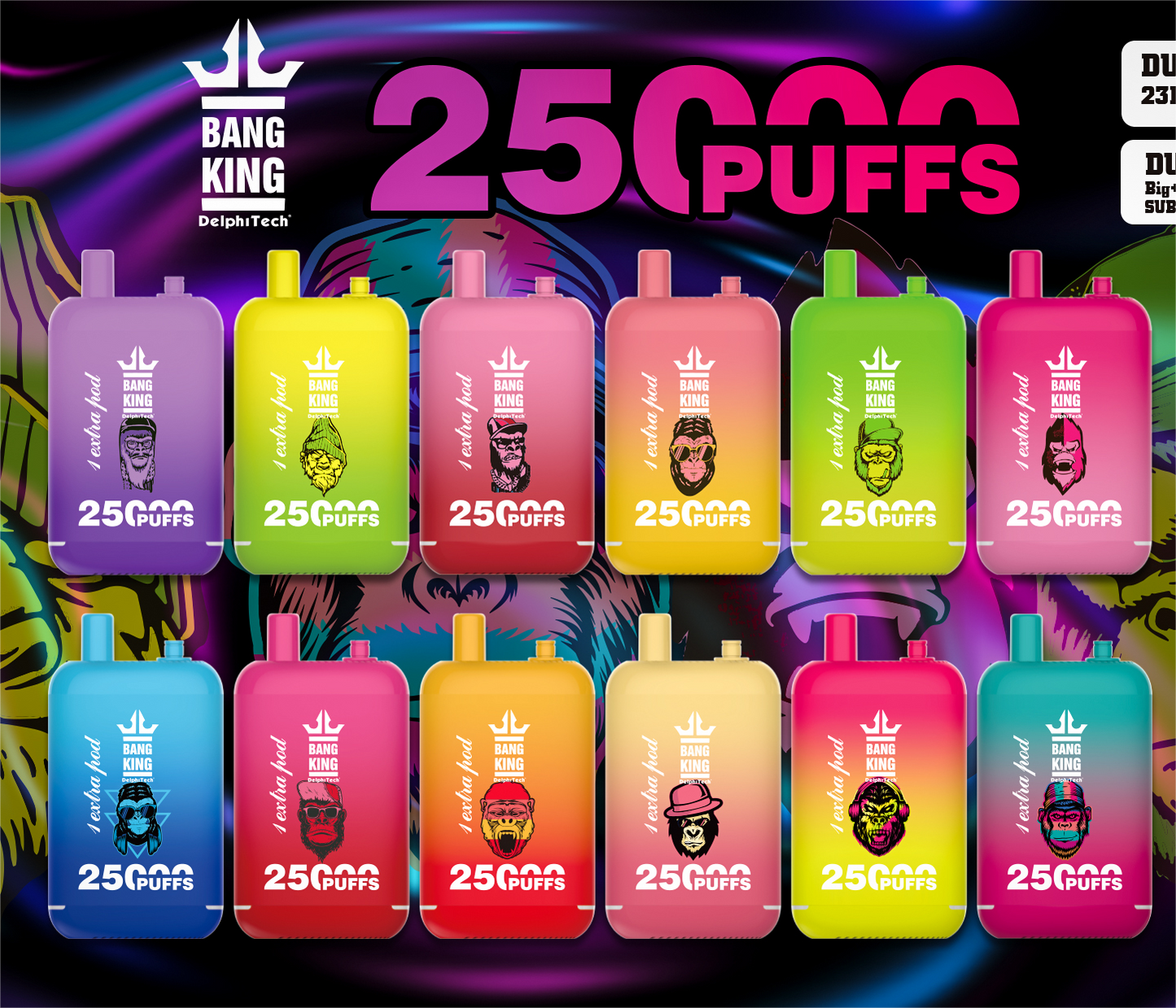 Bang King 25000 Puffs - 46mL Dual Tank (0% to 5% Nicotine) 650mAh Battery 12 Flavors