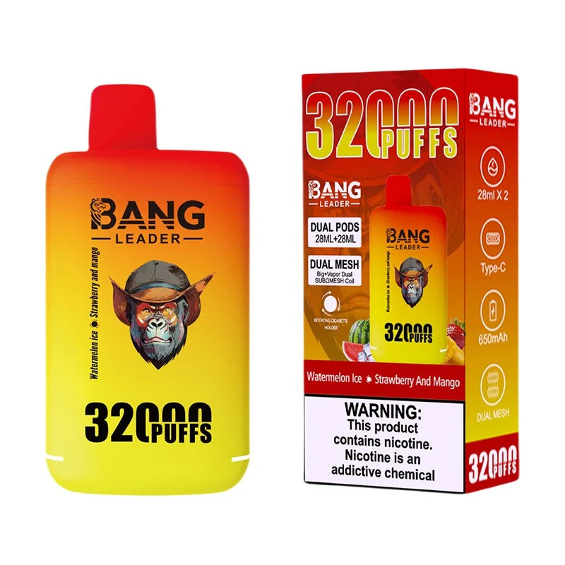 Bang Leader 32000 Puffs Disposable Vape (0% to 5% Nicotine) - Dual Pods, 26ml+26ml E-Liquid 650mah Type-C Rechargeable 18 Flavors