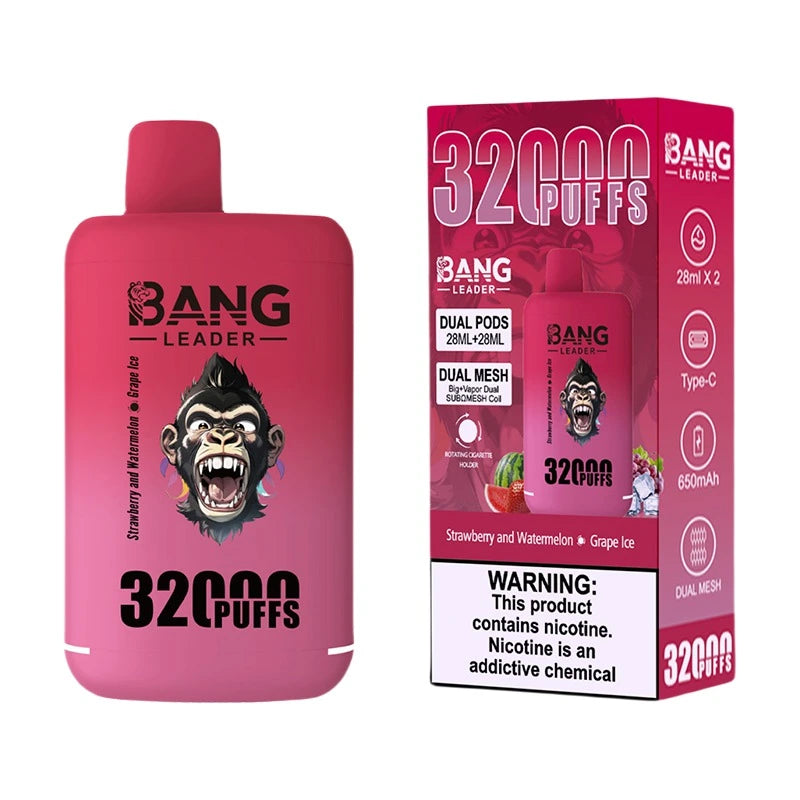 Bang Leader 32000 Puffs Disposable Vape (0% to 5% Nicotine) - Dual Pods, 26ml+26ml E-Liquid 650mah Type-C Rechargeable 18 Flavors