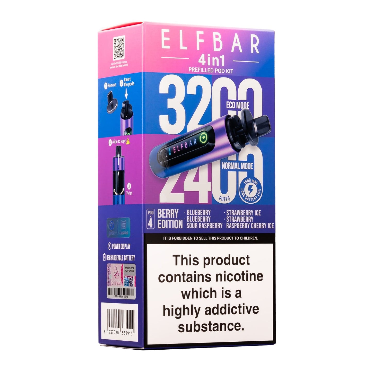 Elf Bar 3200 & 2400 Puff (4 in 1) Prefilled Pod Kit 20mg Nicotine 8ml E-Liquid Capacity 1500mAh Battery 16 Fruit Edition