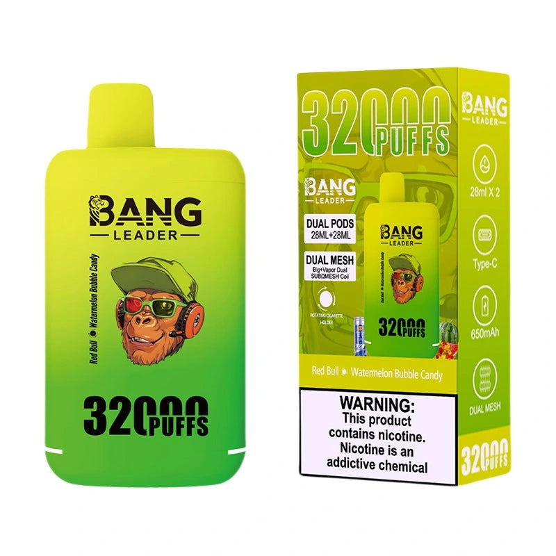 Bang Leader 32000 Puffs Disposable Vape (0% to 5% Nicotine) - Dual Pods, 26ml+26ml E-Liquid 650mah Type-C Rechargeable 18 Flavors