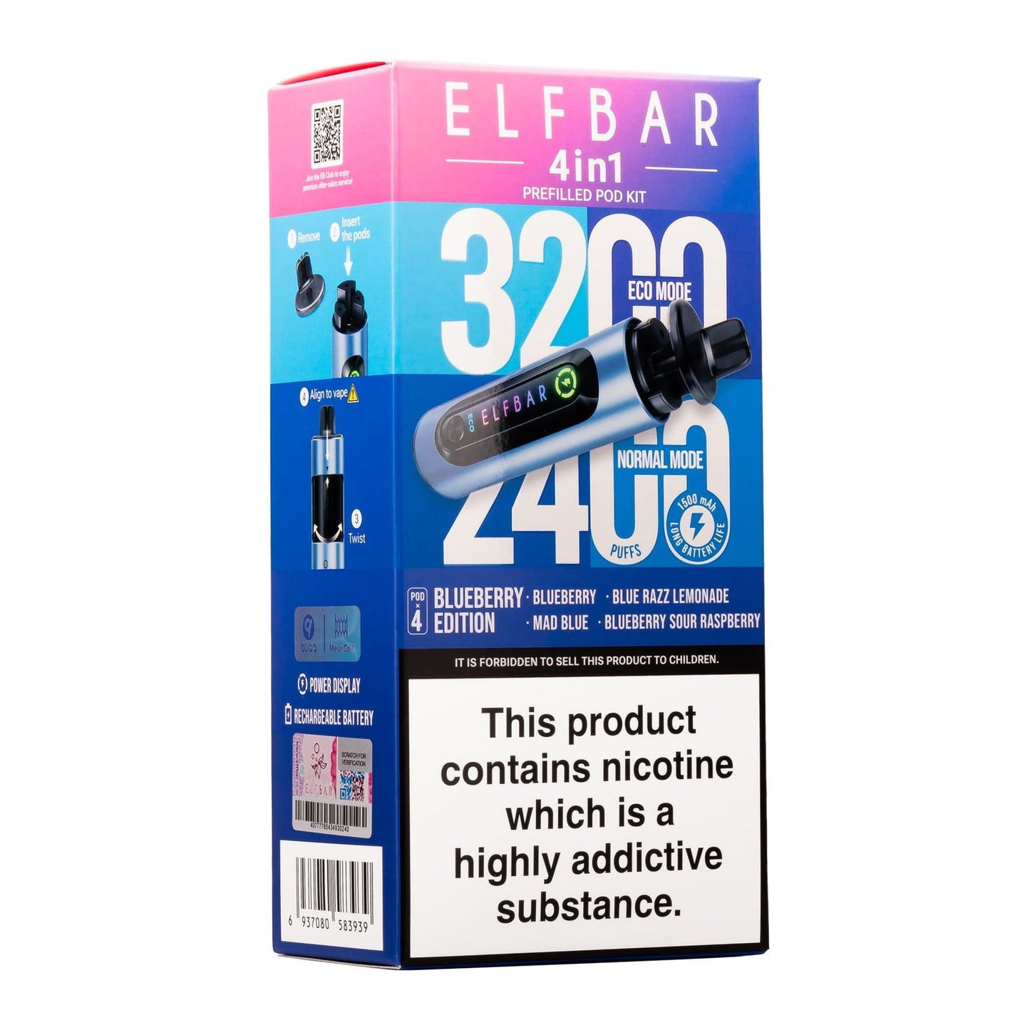 Elf Bar 3200 & 2400 Puff (4 in 1) Prefilled Pod Kit 20mg Nicotine 8ml E-Liquid Capacity 1500mAh Battery 16 Fruit Edition