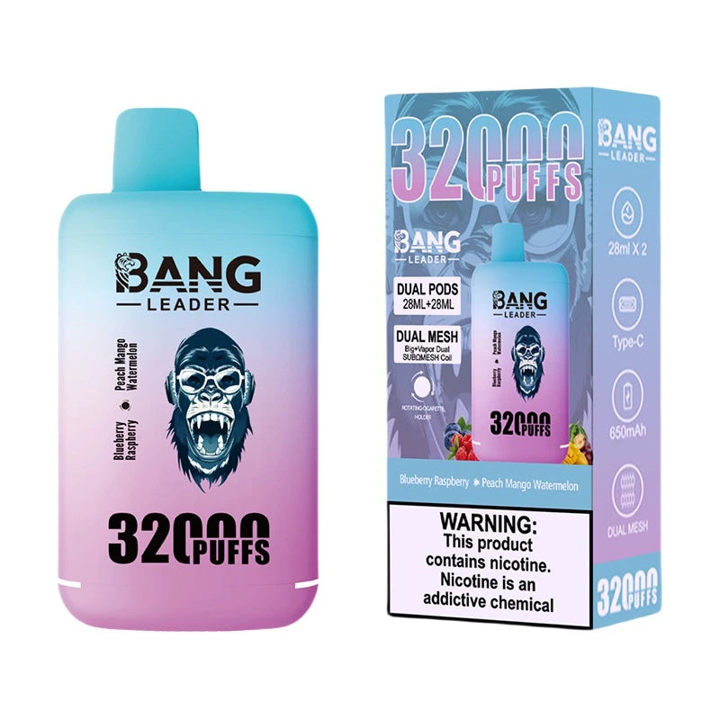 Bang Leader 32000 Puffs Disposable Vape (0% to 5% Nicotine) - Dual Pods, 26ml+26ml E-Liquid 650mah Type-C Rechargeable 18 Flavors
