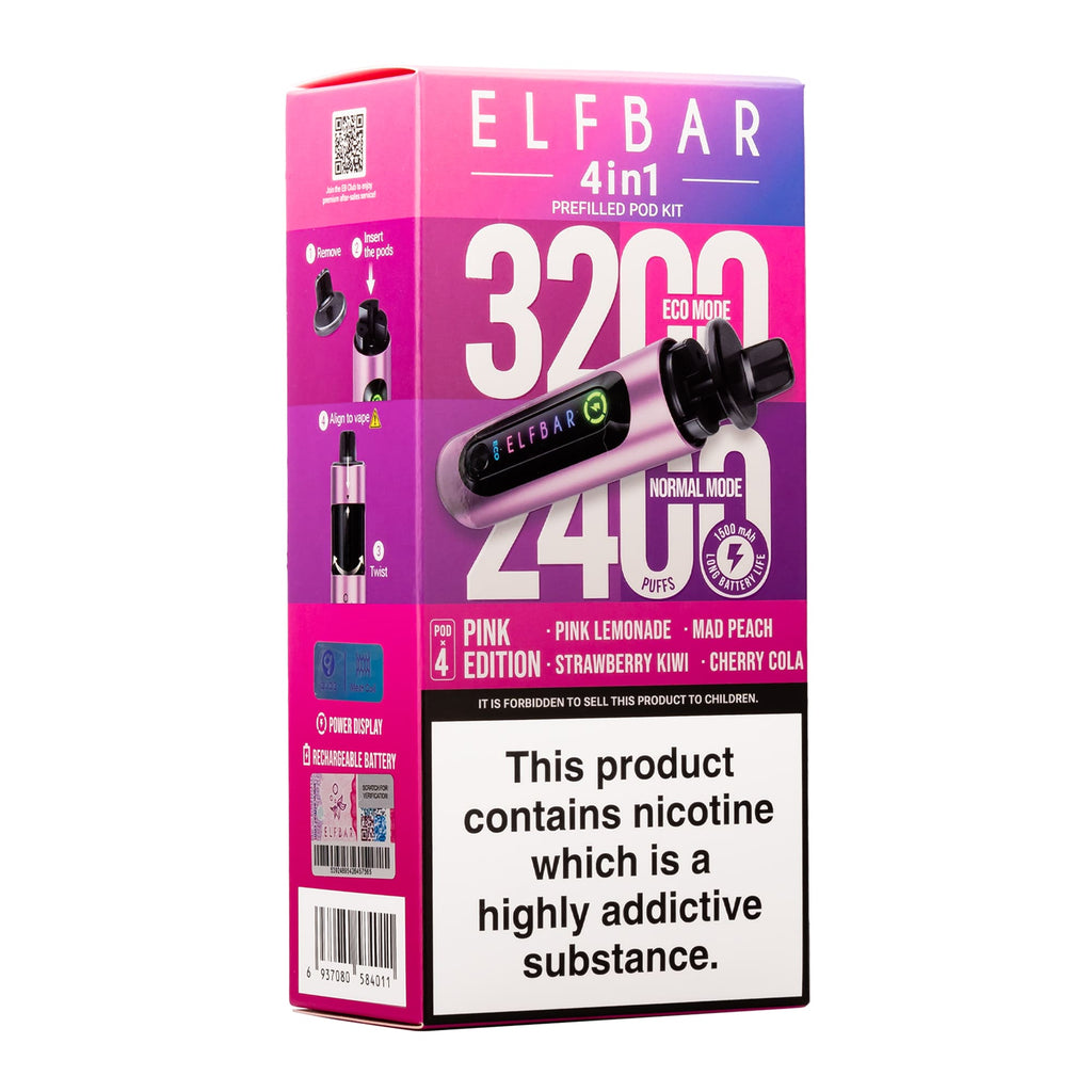 Elf Bar 3200 & 2400 Puff (4 in 1) Prefilled Pod Kit 20mg Nicotine 8ml E-Liquid Capacity 1500mAh Battery 16 Fruit Edition