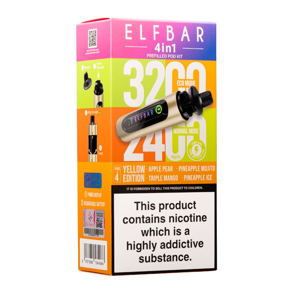 Elf Bar 3200 & 2400 Puff (4 in 1) Prefilled Pod Kit 20mg Nicotine 8ml E-Liquid Capacity 1500mAh Battery 16 Fruit Edition