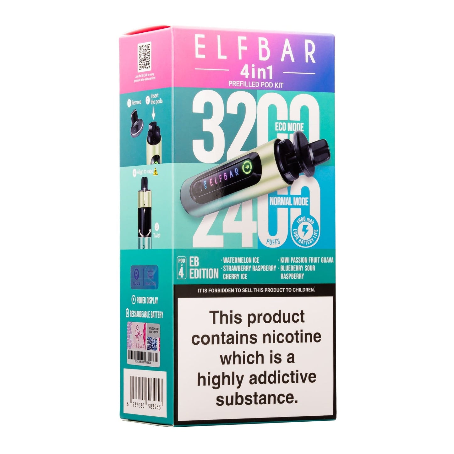 Elf Bar 3200 & 2400 Puff (4 in 1) Prefilled Pod Kit 20mg Nicotine 8ml E-Liquid Capacity 1500mAh Battery 16 Fruit Edition