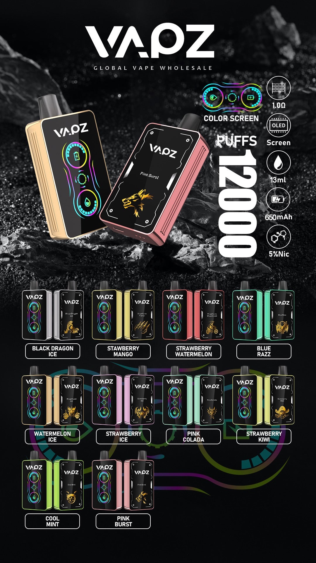 HOPEE 12000 Puffs Disposable Vape Wholesale,650mAh battery, 13ml E-liquid, Multiple Nicotine 10 Flavors