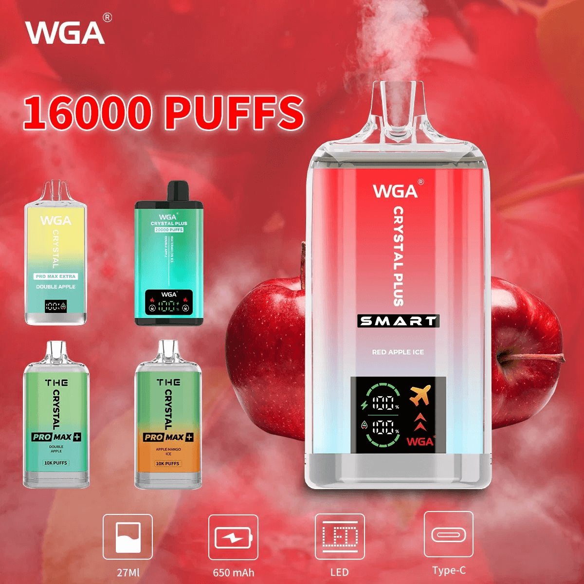 WGA Crystal PLUS Smart Digital16000 puff Disposable Vape Wholesale-650mAh Battery, 27ml E-liquid, Multiple Nicotine 20 Flavors