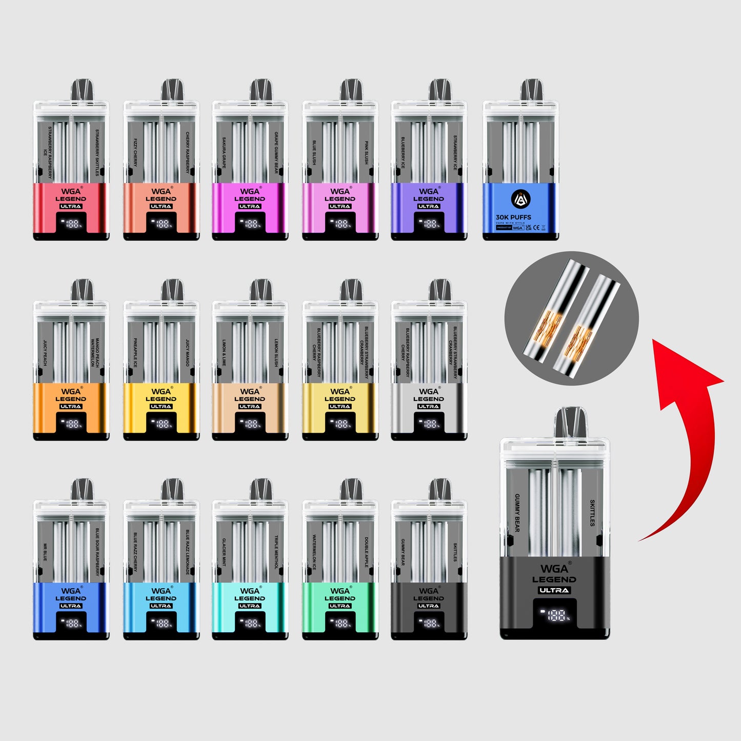 WGA Crystal LEGEND ULTRA 30000 puff Disposable Vape Wholesale,650 mAh 15 Flavors 20ML+2 ML