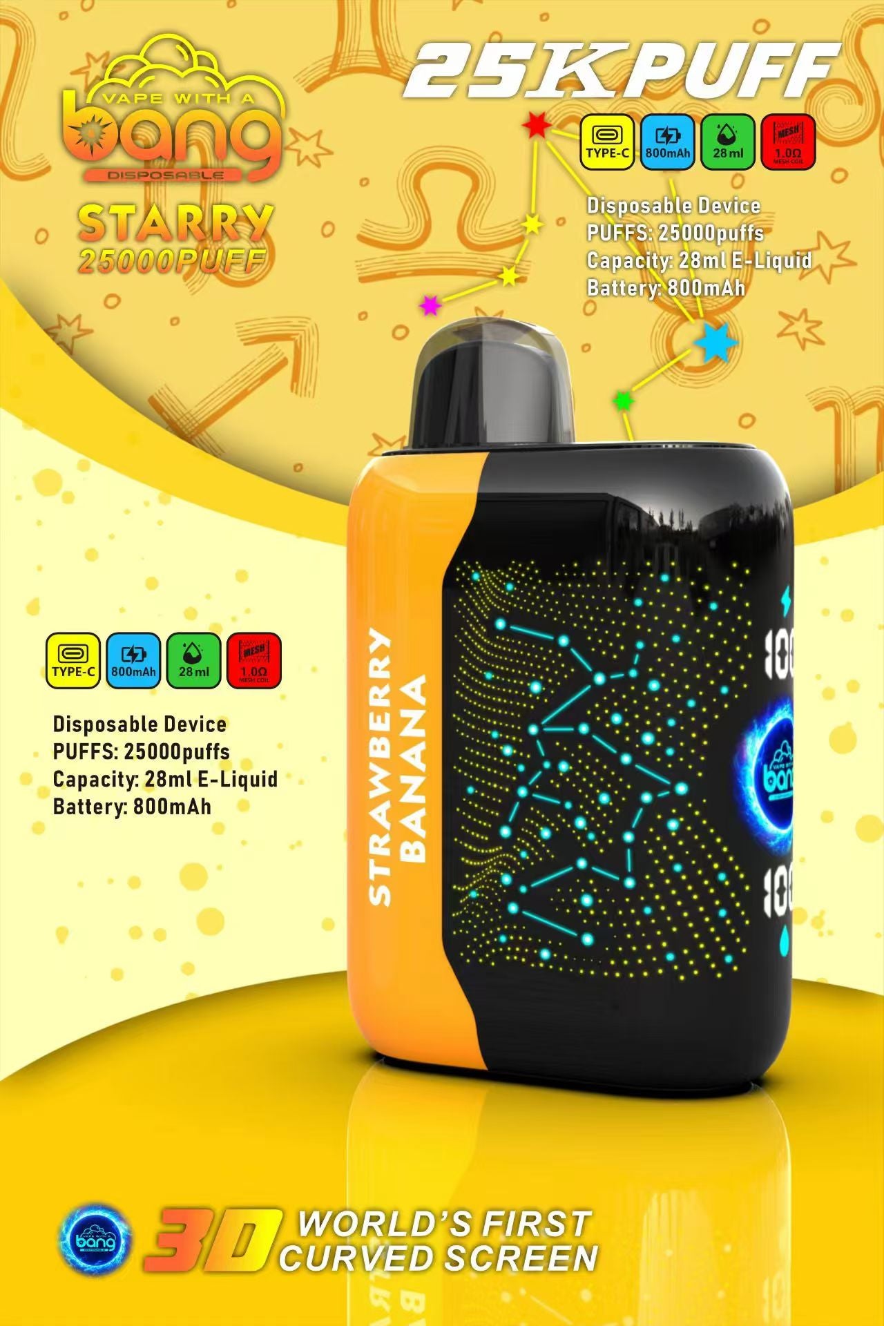 Bang Starry 25K Puffs Smart Full Screen Turn Ice Wholesale Disposable Vape Puff 36k Prefilled Pod