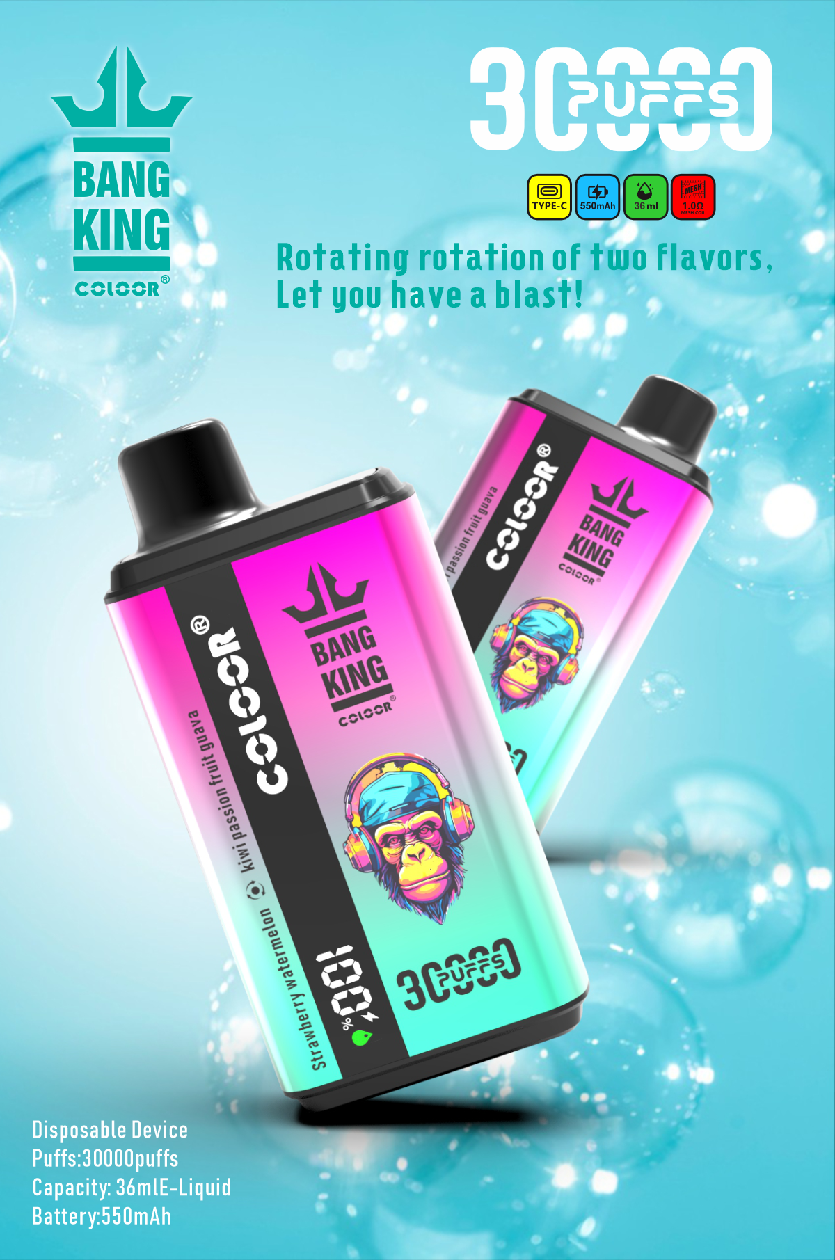 Bang King 30000 Puffs Disposable Vape 12 Flavors-850mAh Battery, 30ml E-liquid, Multiple Nicotine 12 Flavors