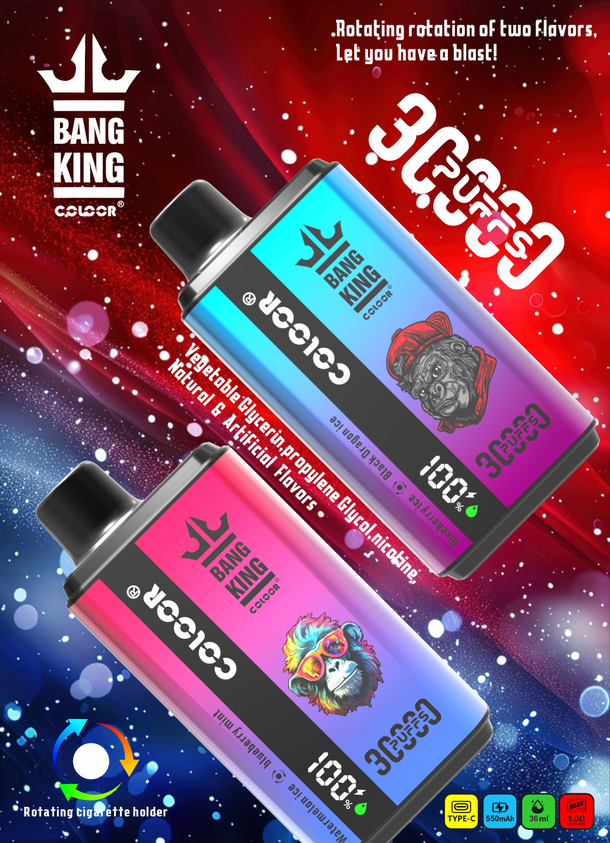 Bang King 30000 Puffs Disposable Vape 12 Flavors-850mAh Battery, 30ml E-liquid, Multiple Nicotine 12 Flavors