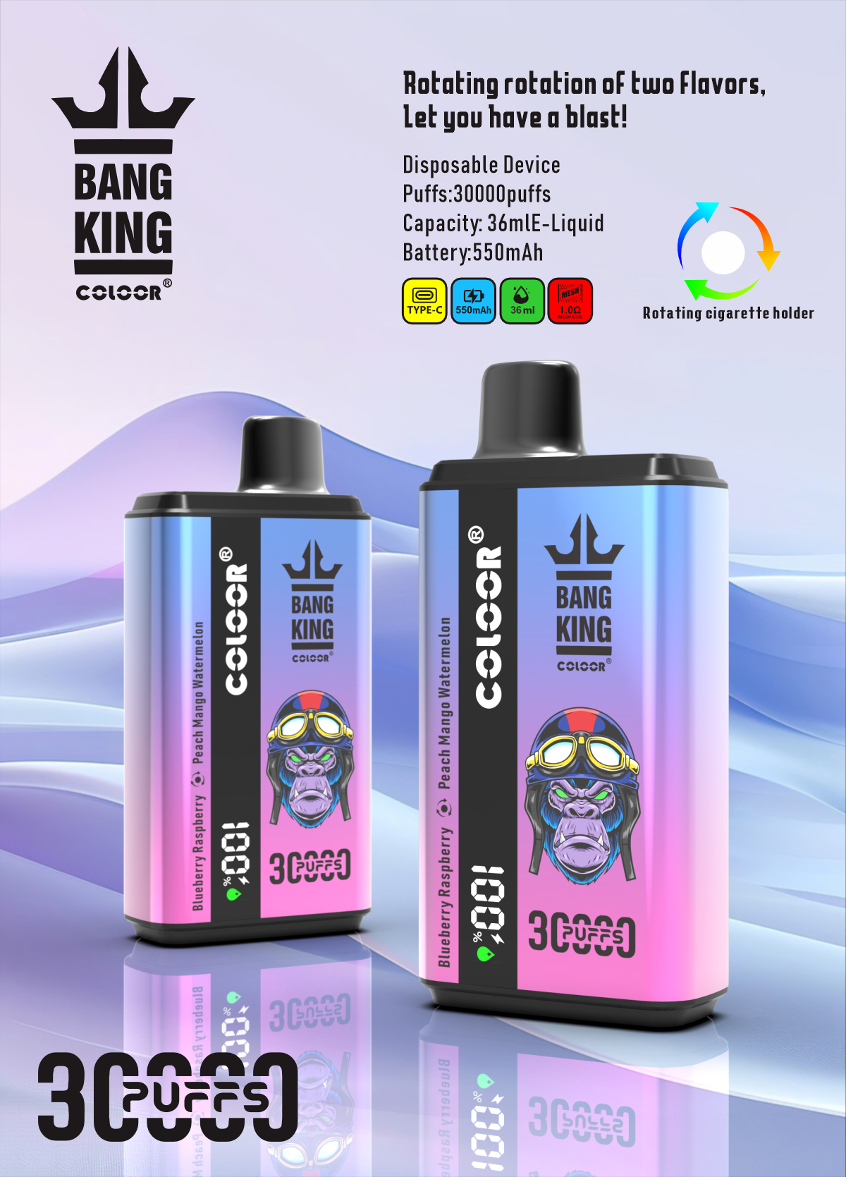 Bang King 30000 Puffs Disposable Vape 12 Flavors-850mAh Battery, 30ml E-liquid, Multiple Nicotine 12 Flavors