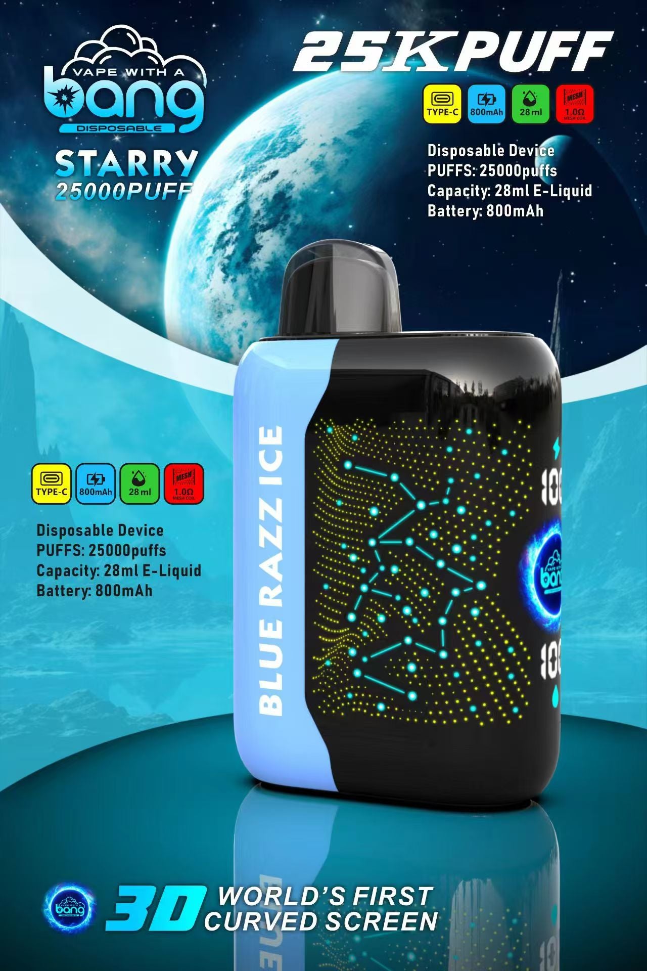 Bang Starry 25K Puffs Smart Full Screen Turn Ice Wholesale Disposable Vape Puff 36k Prefilled Pod