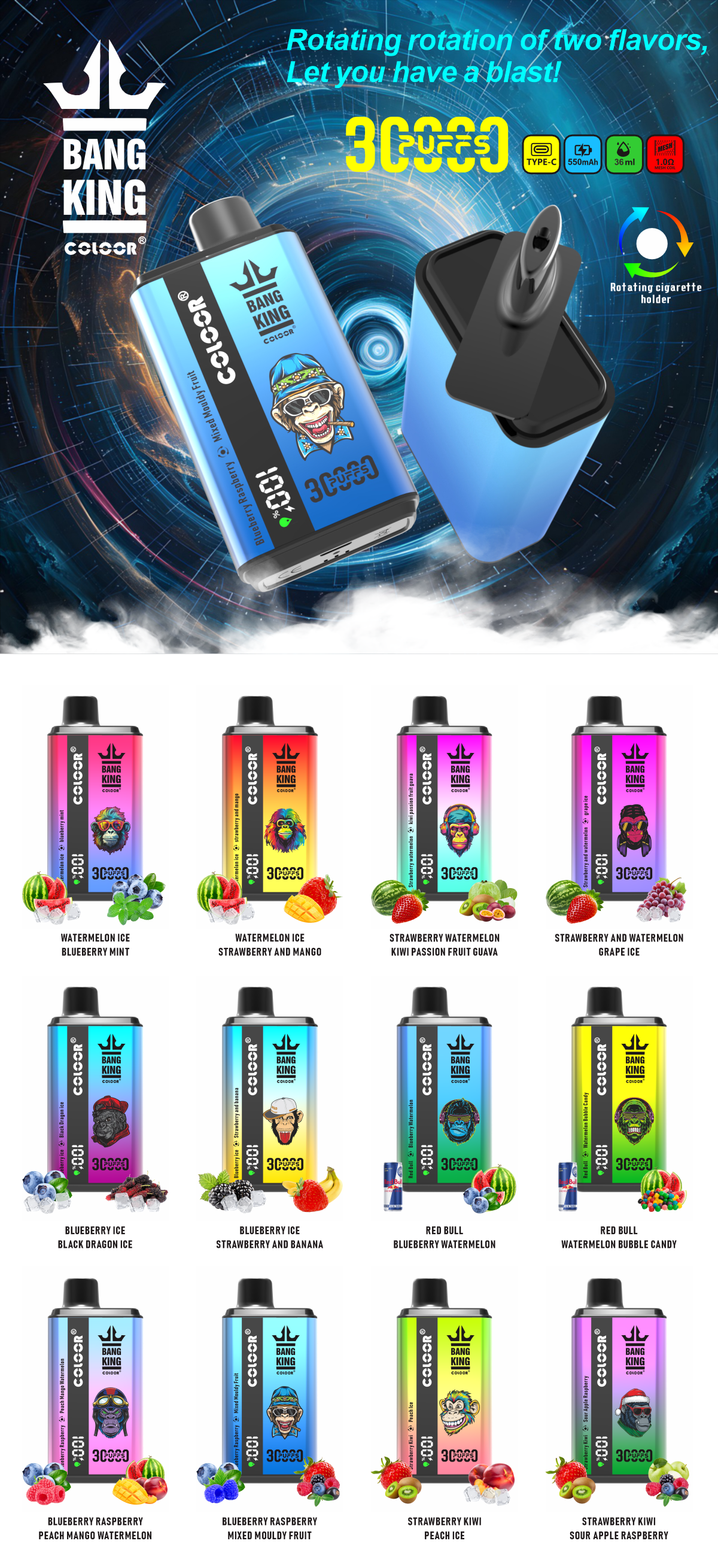 Bang King 30000 Puffs Disposable Vape 12 Flavors-850mAh Battery, 30ml E-liquid, Multiple Nicotine 12 Flavors