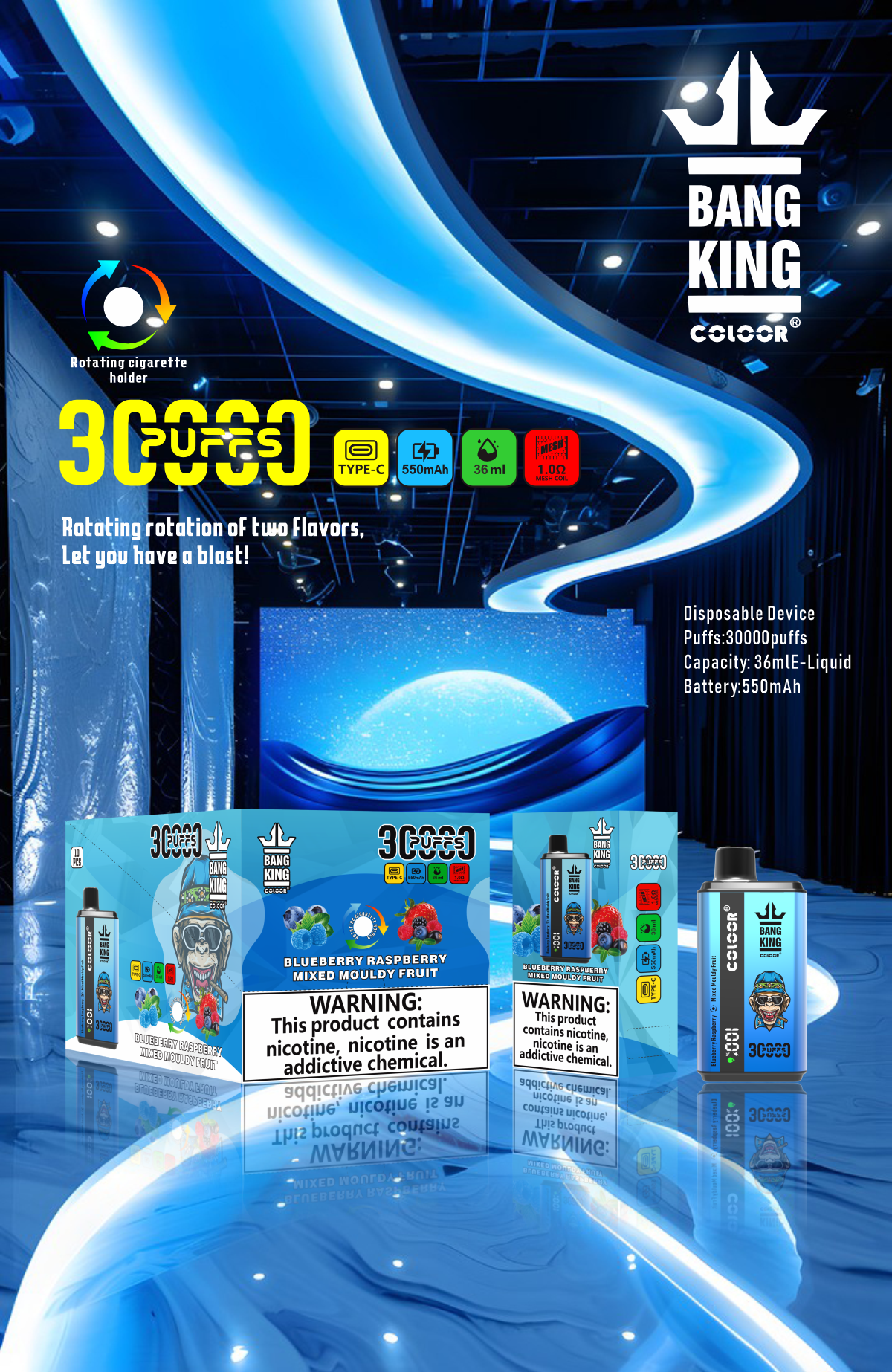 Bang King 30000 Puffs Disposable Vape 12 Flavors-850mAh Battery, 30ml E-liquid, Multiple Nicotine 12 Flavors