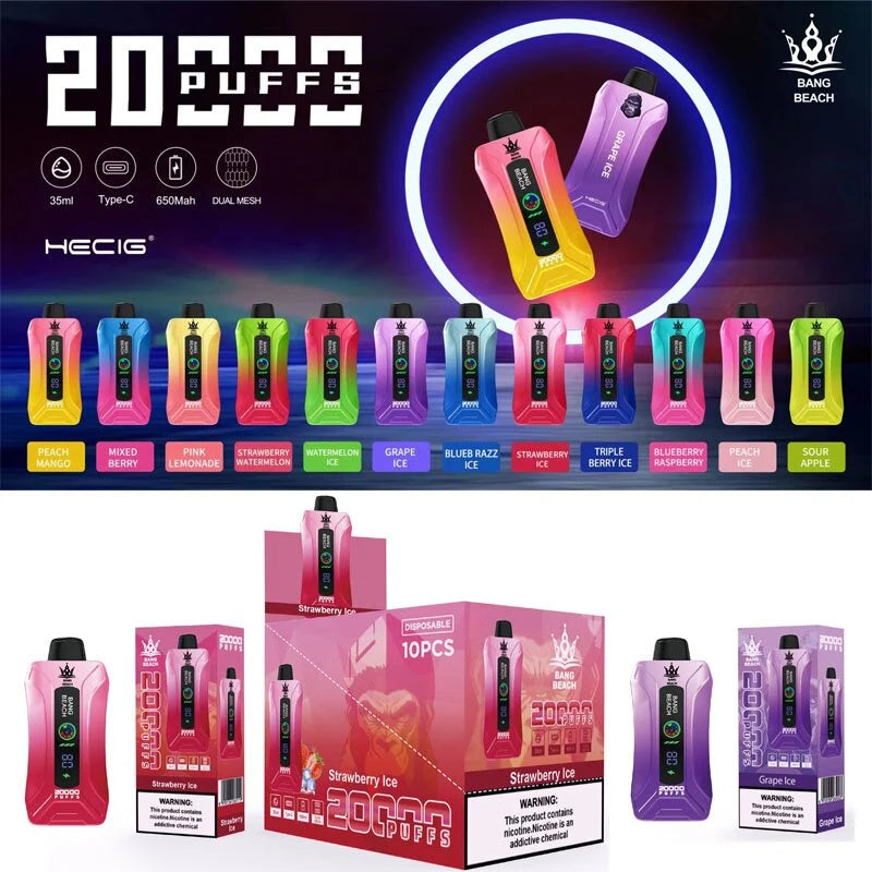 Bang Beach 20000 Puffs Display Screen Vape Disposable Electronic Cigarettes Puff 20k-650mAh Battery, 35ml E-liquid, Multiple Nicotine 12 Flavors