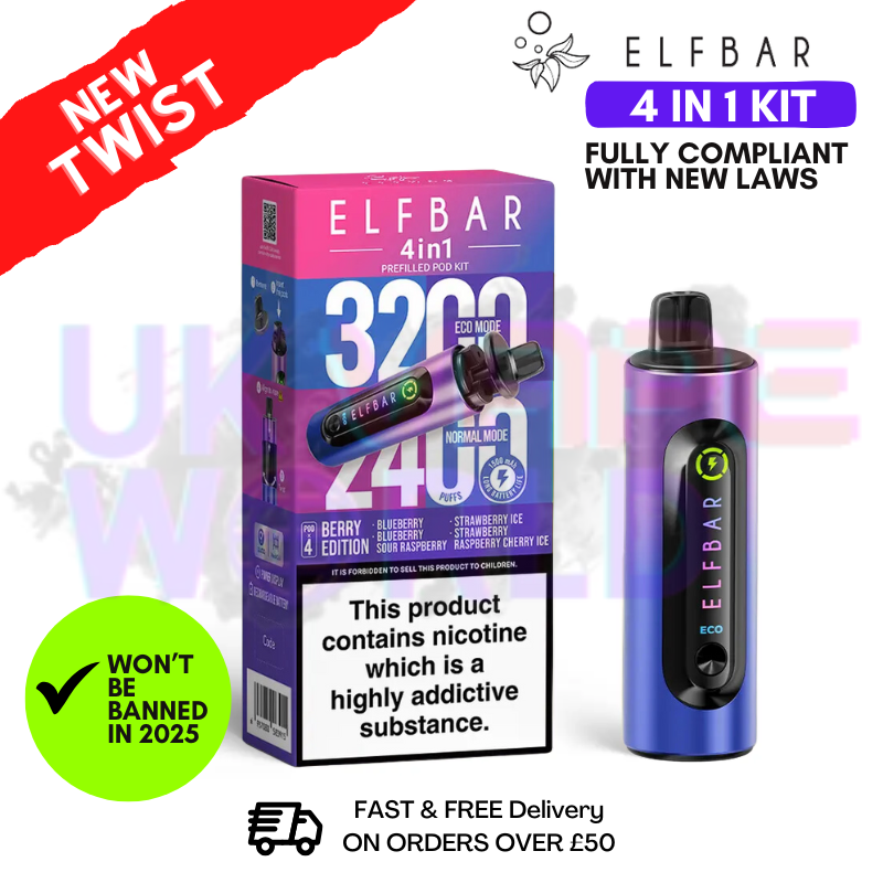Elf Bar 3200 & 2400 Puff (4 in 1) Prefilled Pod Kit 20mg Nicotine 8ml E-Liquid Capacity 1500mAh Berry Edition