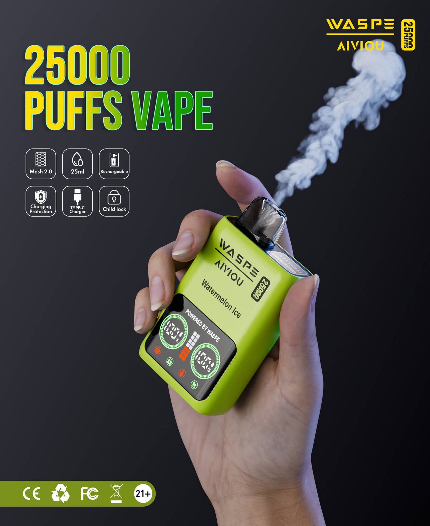 WASPE 25000 Puffs Disposable Vape Wholesale, 650 mAh ,25ML 10Flavors