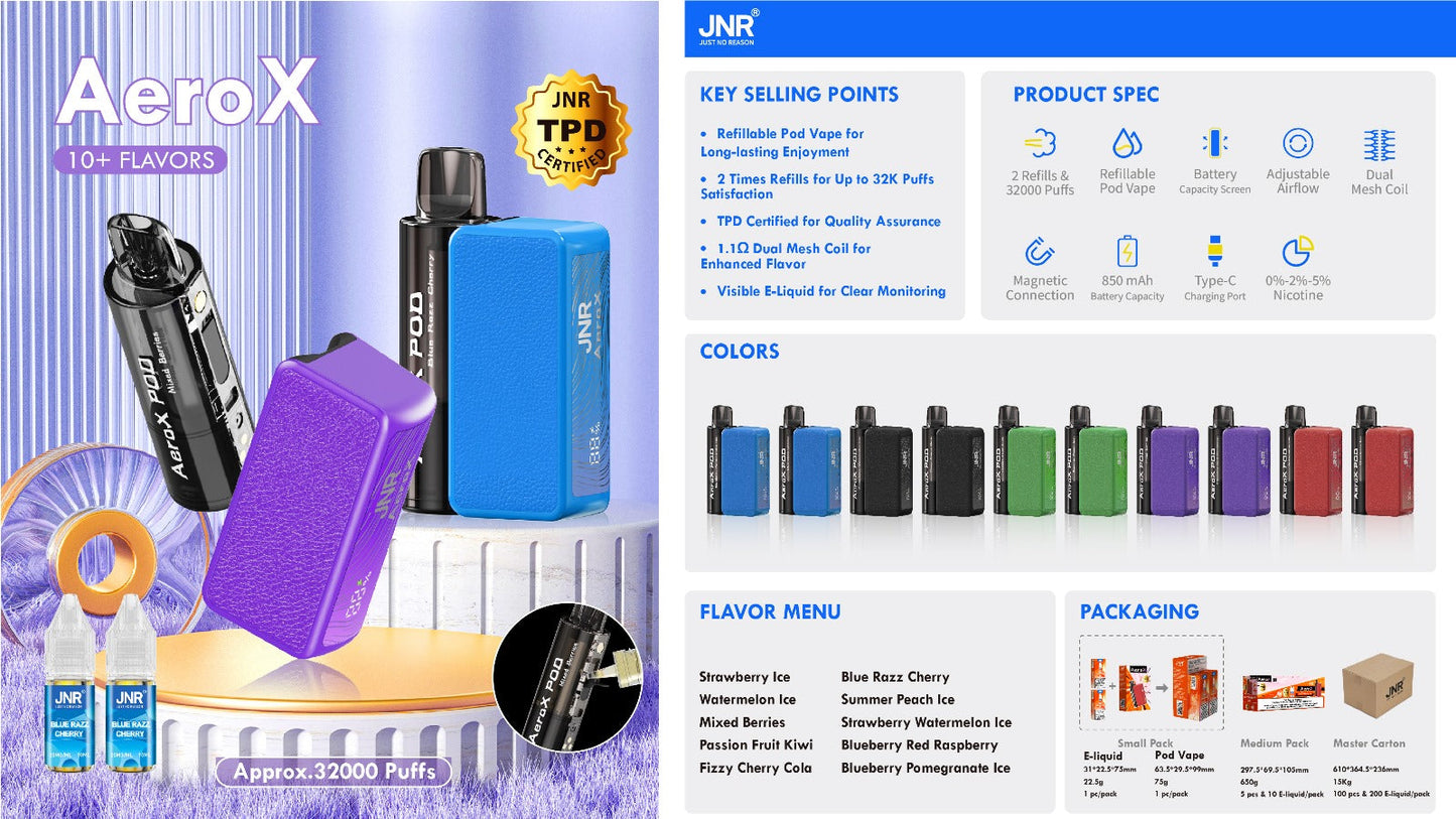 JNR Aero X 32000 puffs bar 20mg nicotine (Box of 10) 10 Flavors