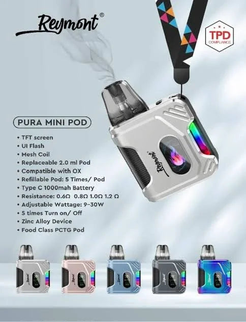 Reymont Pura Mini Box Pro Pod Kit-1000mAh Battery, 2ml E-liquid