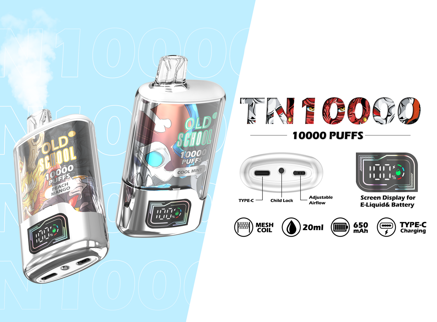OLD School TN10000 Puffs Disposable Vape Wholesale-650mAh battery, 20ml E-liquid, Multiple Nicotine 10 Flavors