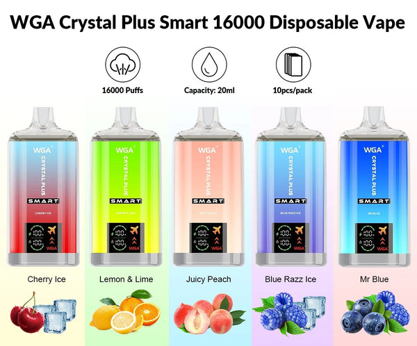 WGA Crystal Plus Smart 16000 Vape Rechargeable-650mAh Battery, 40ml E-liquid, Multiple Nicotine 13 Flavors
