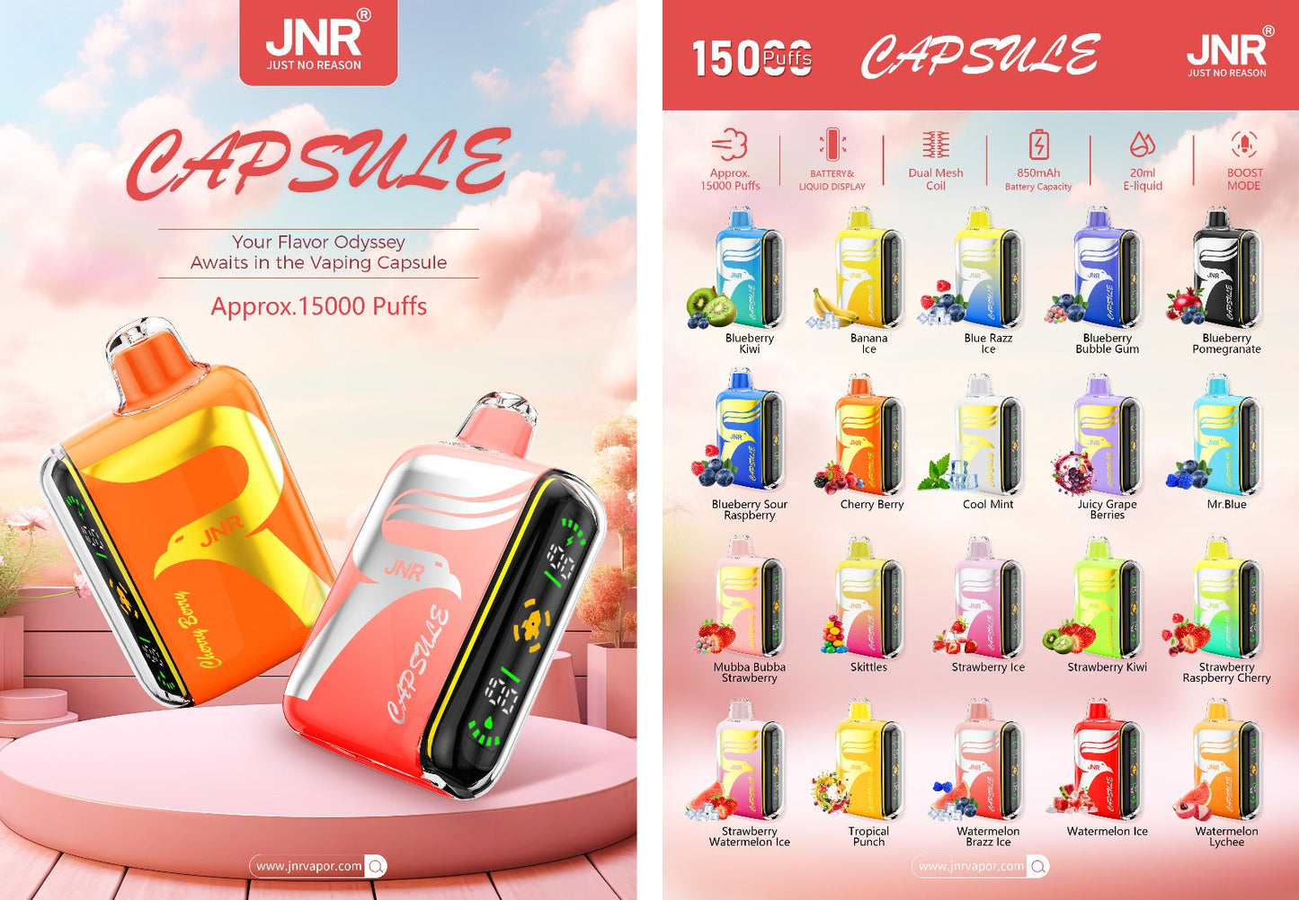 JNR Digital Box Capsule 15000 (Box of 10)850mAh 20ml 20 Flavors