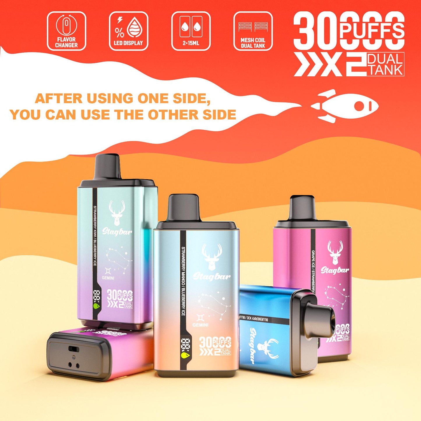 EU Warehouse Stag bar GEMINI 30000 Puffs Disposable Vape Wholesale-750mAh battery, 15ml E-liquid, Multiple Nicotine 10 Flavors