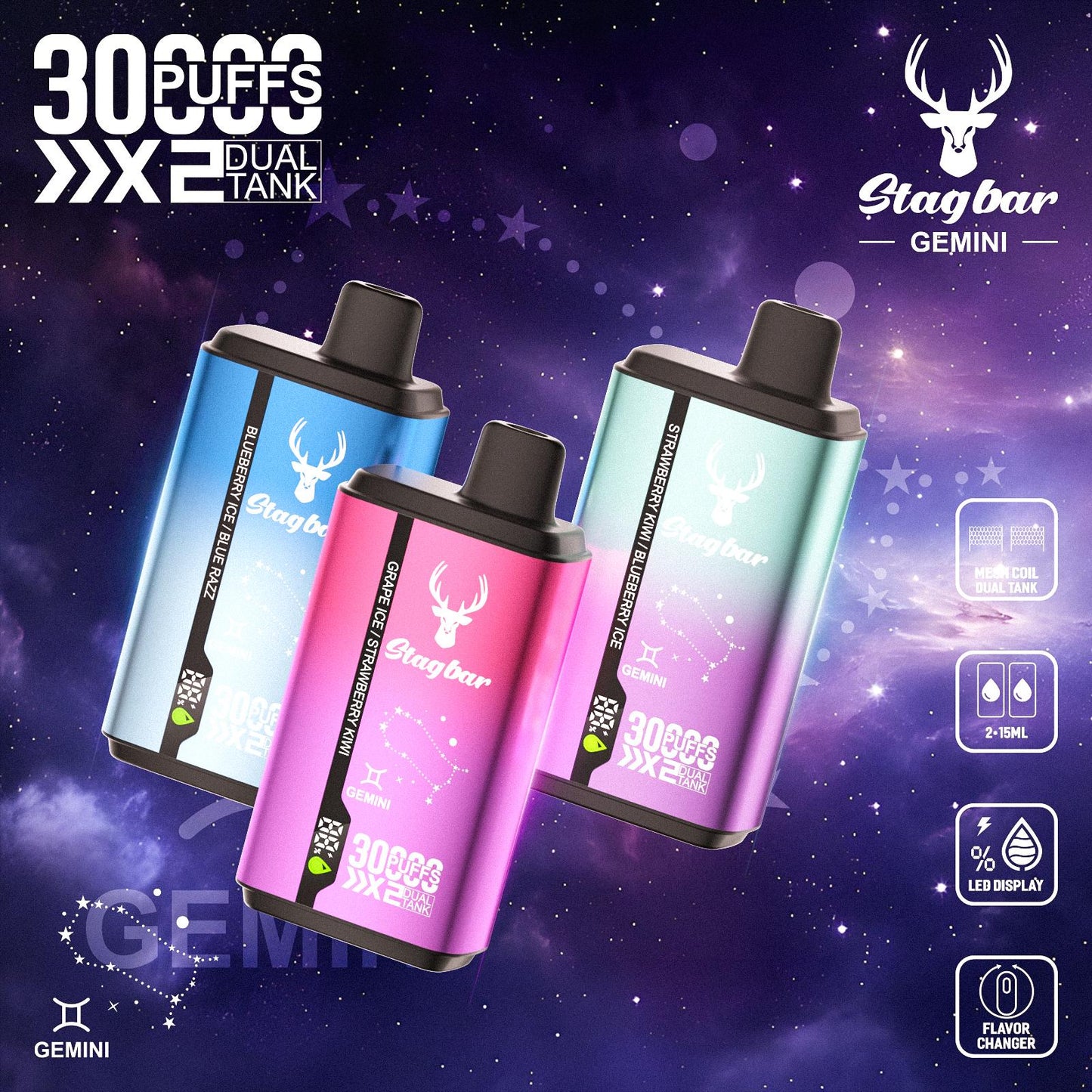 EU Warehouse Stag bar GEMINI 30000 Puffs Disposable Vape Wholesale-750mAh battery, 15ml E-liquid, Multiple Nicotine 10 Flavors
