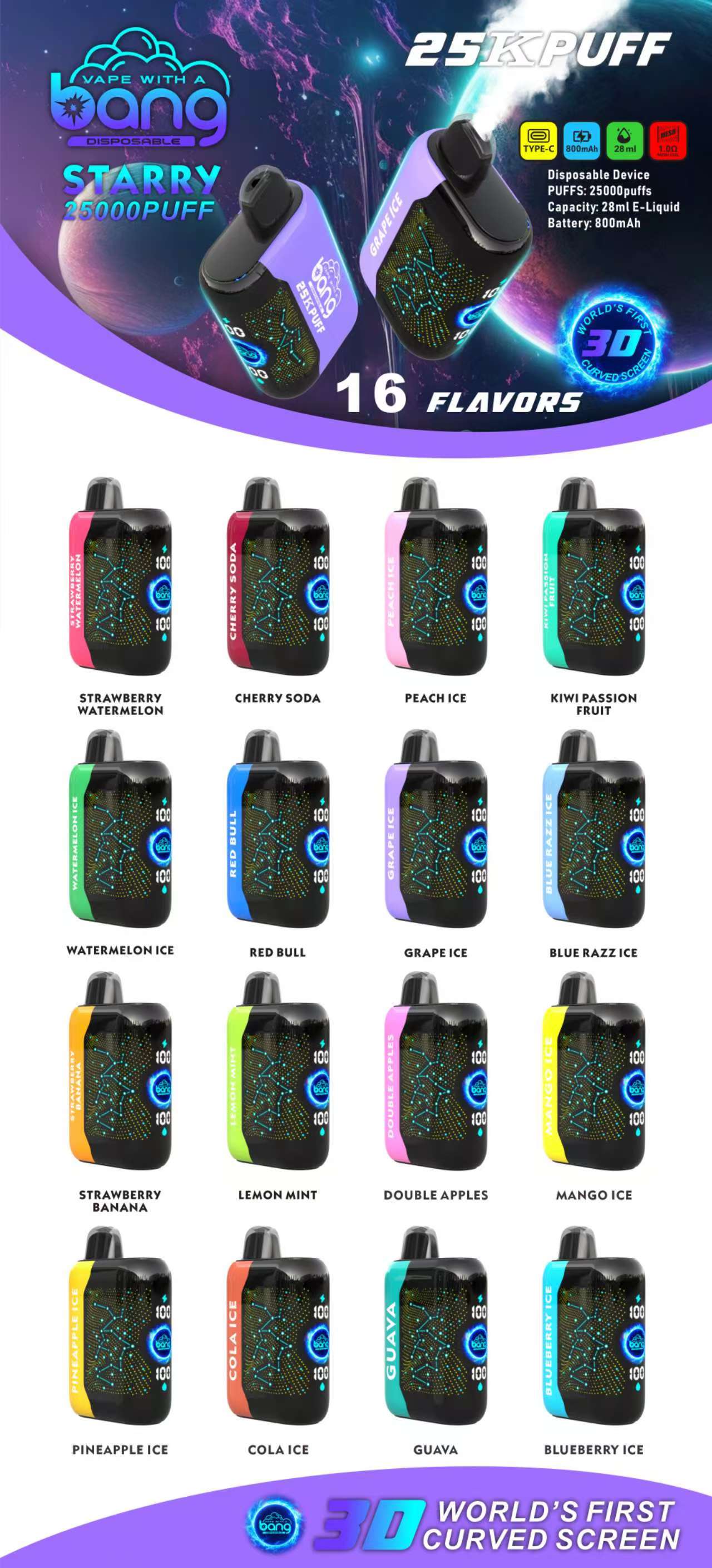 Bang Starry 25K Puffs Smart Full Screen Turn Ice Wholesale Disposable Vape Puff 36k Prefilled Pod