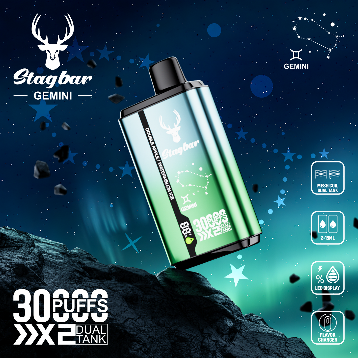 EU Warehouse Stag bar GEMINI 30000 Puffs Disposable Vape Wholesale-750mAh battery, 15ml E-liquid, Multiple Nicotine 10 Flavors