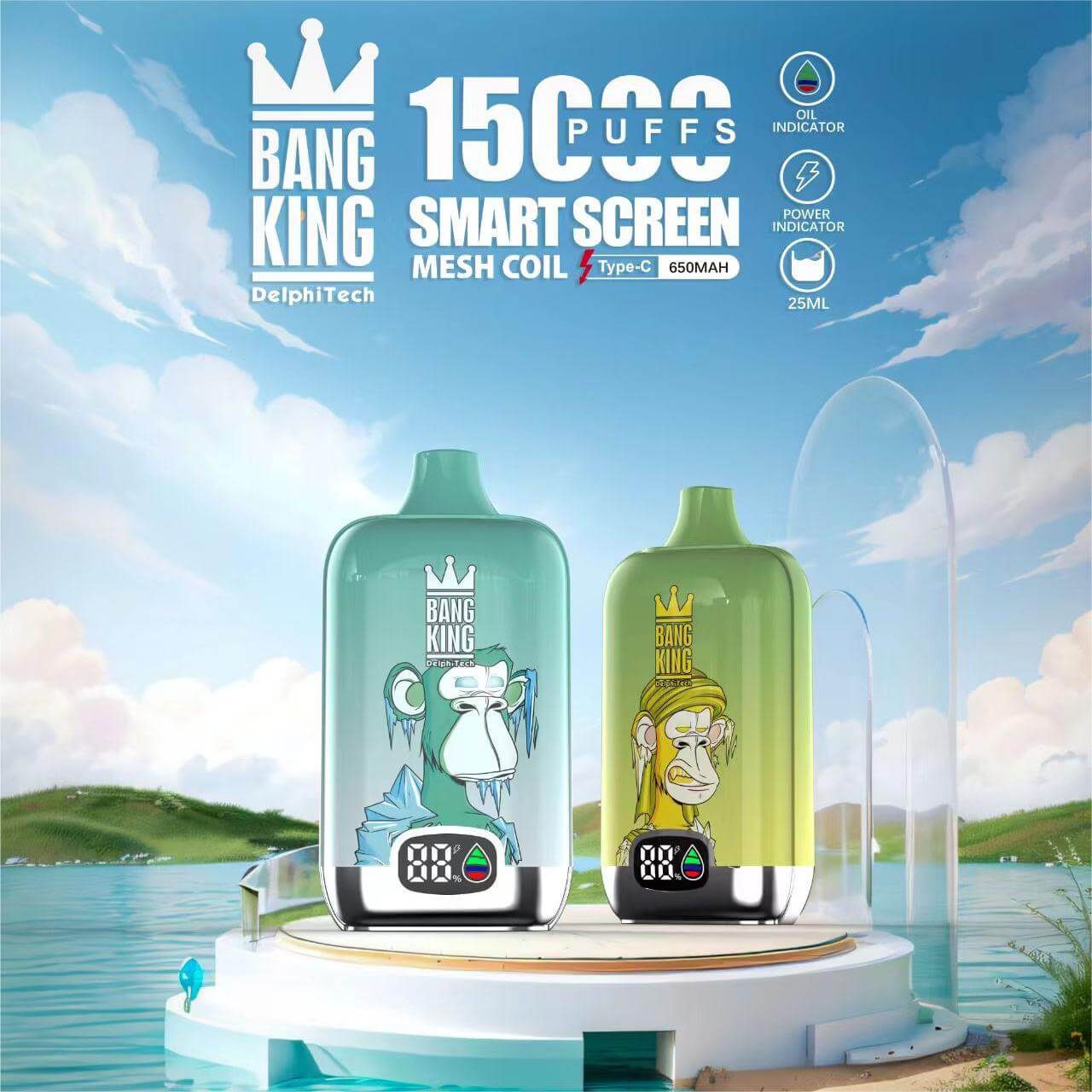 Bang King Smart screen 15000 puffs Disposable Vape(0% to 5% Nicotine) 25mL , 650mAh,12 Flavors