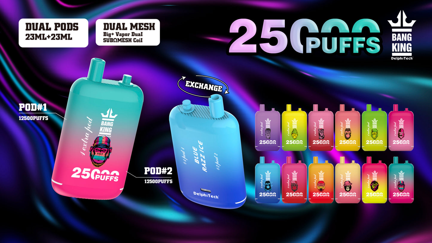 Bang King 25000 Puffs - 46mL Dual Tank (0% to 5% Nicotine)  650mAh Battery 12 Flavors