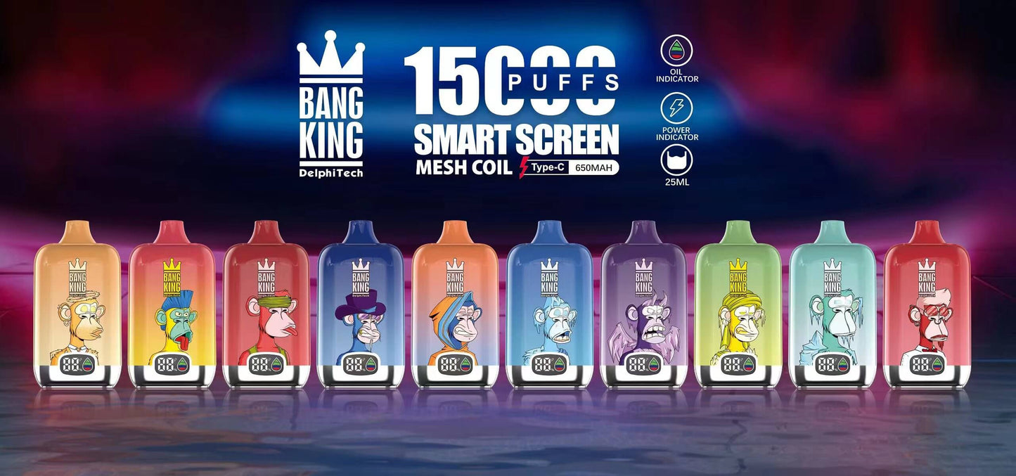 Bang King Smart screen 15000 puffs Disposable Vape(0% to 5% Nicotine) 25mL , 650mAh,12 Flavors