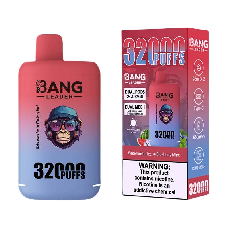 Bang Leader 32000 Puffs Disposable Vape (0% to 5% Nicotine) - Dual Pods, 26ml+26ml E-Liquid 650mah Type-C Rechargeable 18  Flavors