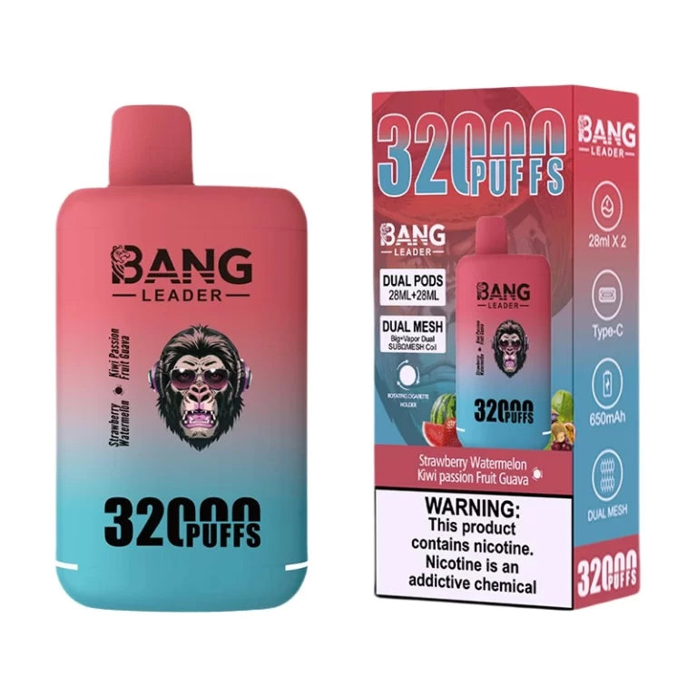 Bang Leader 32000 Puffs Disposable Vape (0% to 5% Nicotine) - Dual Pods, 26ml+26ml E-Liquid 650mah Type-C Rechargeable 18  Flavors