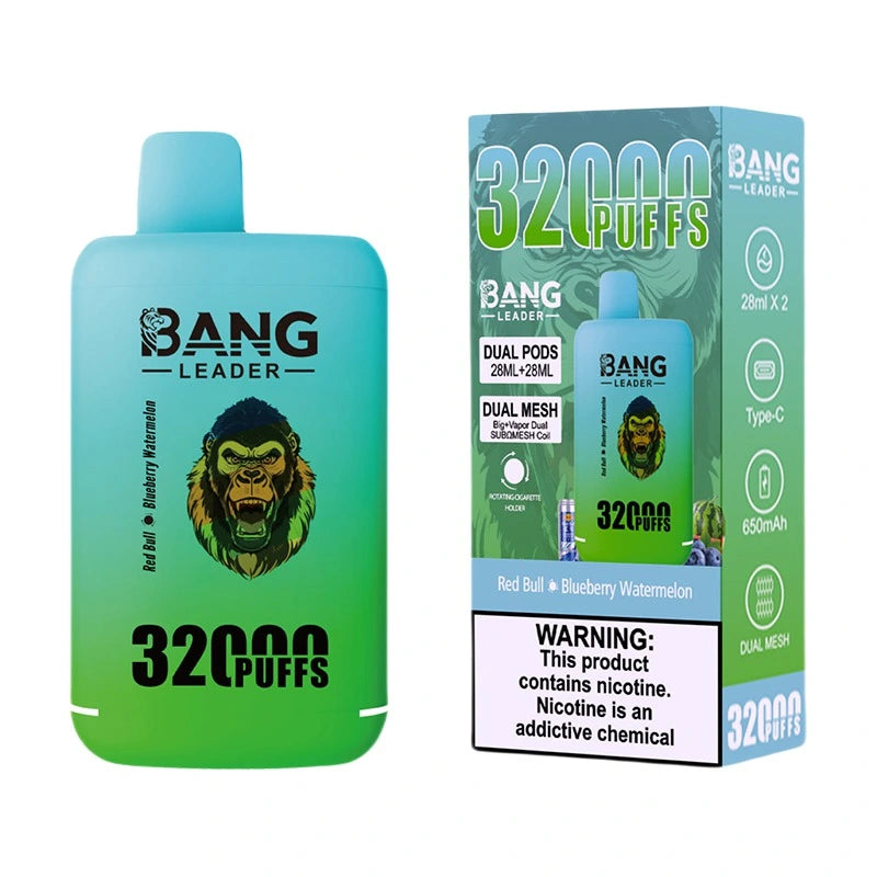 Bang Leader 32000 Puffs Disposable Vape (0% to 5% Nicotine) - Dual Pods, 26ml+26ml E-Liquid 650mah Type-C Rechargeable 18  Flavors