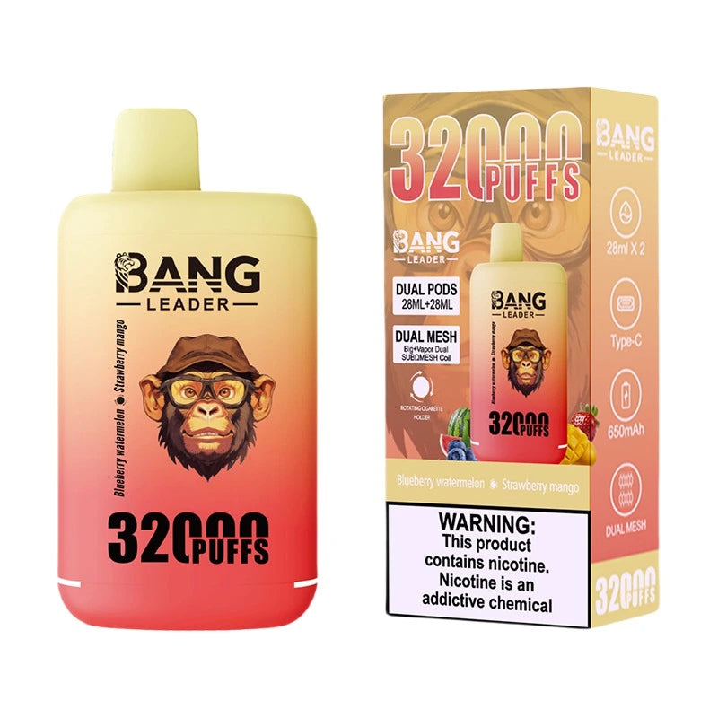 Bang Leader 32000 Puffs Disposable Vape (0% to 5% Nicotine) - Dual Pods, 26ml+26ml E-Liquid 650mah Type-C Rechargeable 18  Flavors