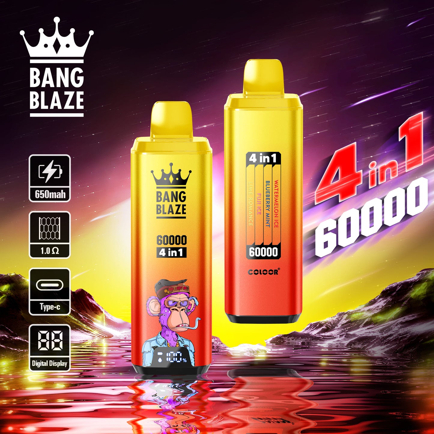BANG BLAZE 4IN1 60000 Puffs Disposable Vape Wholesale(0% to 5% Nicotine) 56ML e-liquid &nbsp;650mAh 12 Flavors