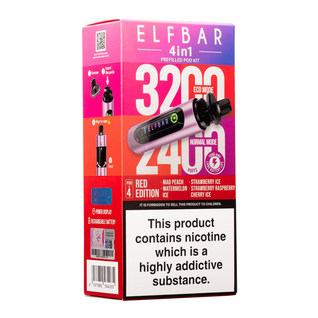 Elf Bar 3200 & 2400 Puff (4 in 1) Prefilled Pod Kit 20mg Nicotine 8ml E-Liquid Capacity 1500mAh Battery 16 Fruit Edition