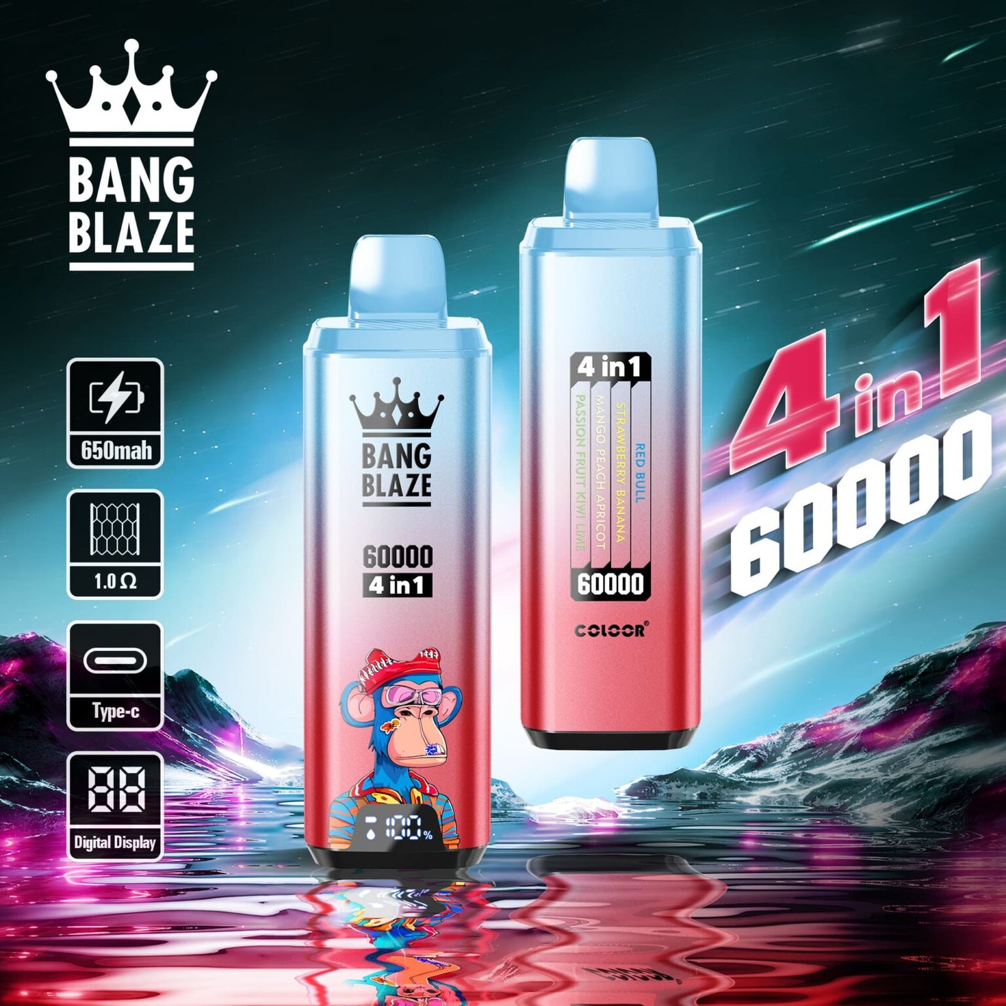 BANG BLAZE 4IN1 60000 Puffs Disposable Vape Wholesale(0% to 5% Nicotine) 56ML e-liquid &nbsp;650mAh 12 Flavors