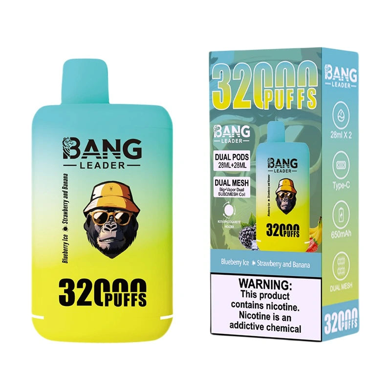 Bang Leader 32000 Puffs Disposable Vape (0% to 5% Nicotine) - Dual Pods, 26ml+26ml E-Liquid 650mah Type-C Rechargeable 18  Flavors