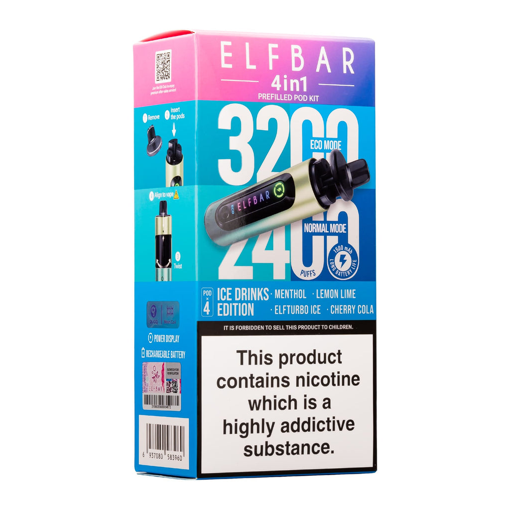 Elf Bar 3200 & 2400 Puff (4 in 1) Prefilled Pod Kit 20mg Nicotine 8ml E-Liquid Capacity 1500mAh Battery 16 Fruit Edition
