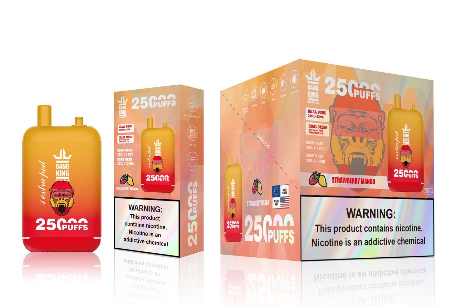Bang King 25000 Puffs - 46mL Dual Tank (0% to 5% Nicotine)  650mAh Battery 12 Flavors