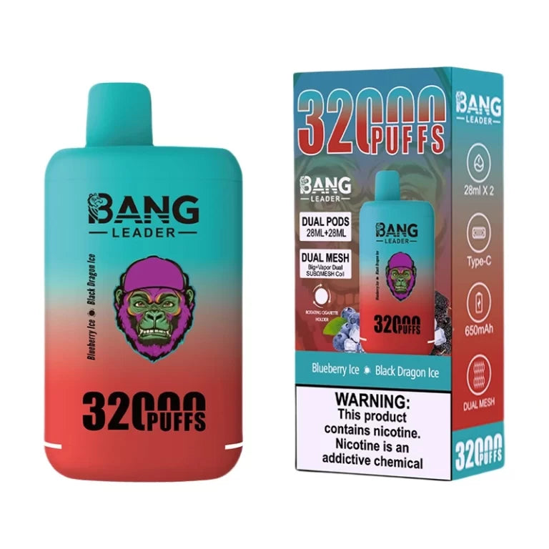Bang Leader 32000 Puffs Disposable Vape (0% to 5% Nicotine) - Dual Pods, 26ml+26ml E-Liquid 650mah Type-C Rechargeable 18  Flavors