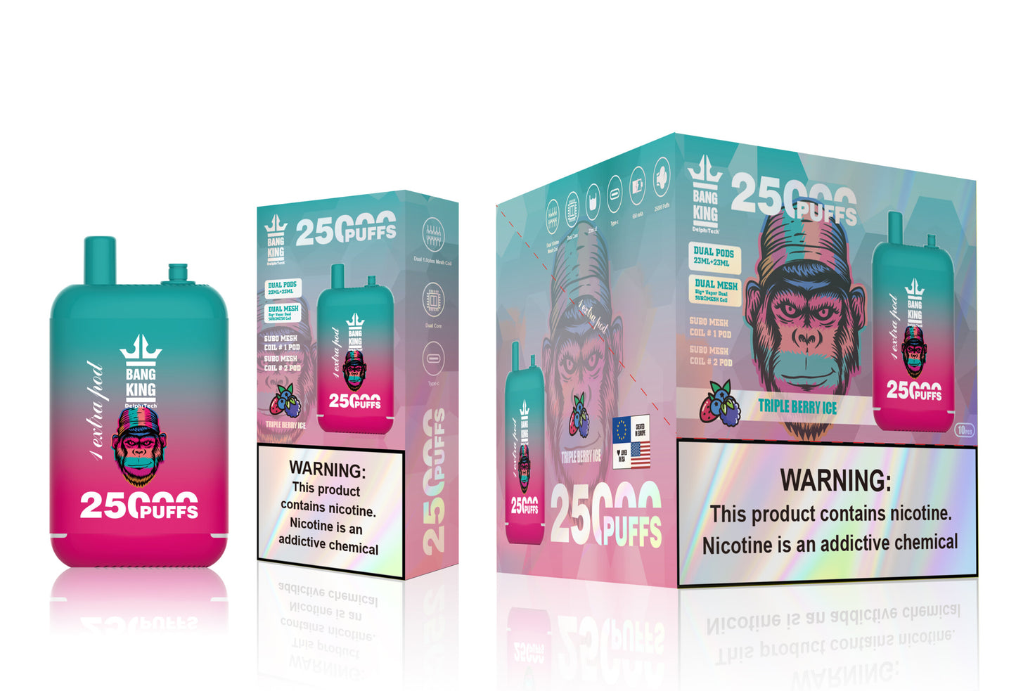 Bang King 25000 Puffs - 46mL Dual Tank (0% to 5% Nicotine)  650mAh Battery 12 Flavors