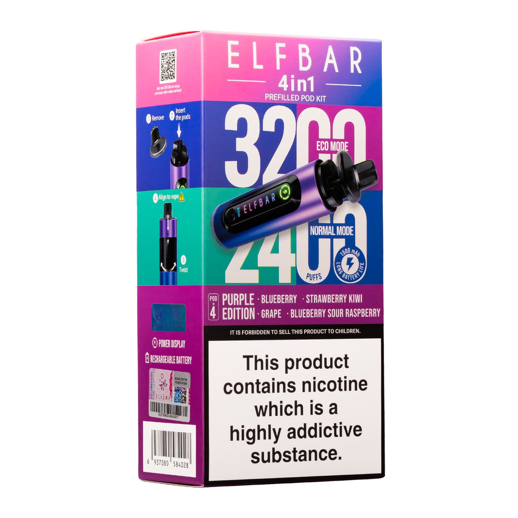 Elf Bar 3200 & 2400 Puff (4 in 1) Prefilled Pod Kit 20mg Nicotine 8ml E-Liquid Capacity 1500mAh Battery 16 Fruit Edition