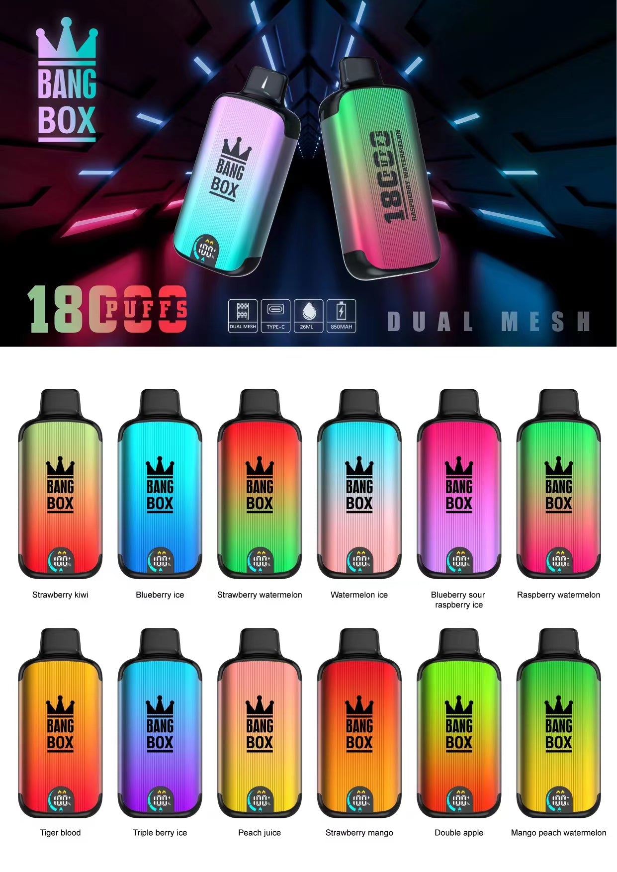 Bangbox 18000 Puffs Smart Screen Disposable E Cigarettes Vape Puff 18k Dual Mesh Coil Led display battery 26ml 850MAH