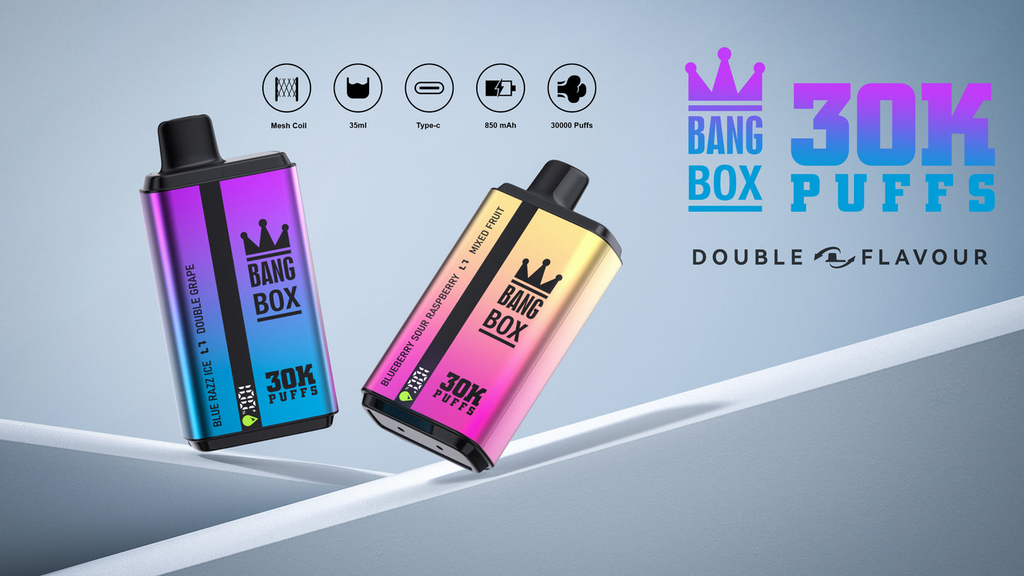 BANGBOX 30000 puffs dual flavors vape,LED Display capcity Batterya ,35ml 850MAH ,12 Flavor Display